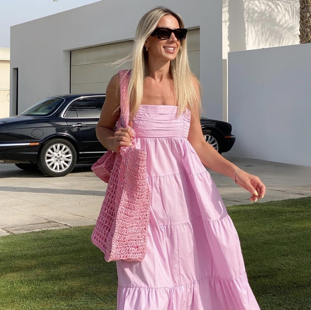 ZARA TIERED POPLIN MIDI DRESS PASTEL PINK S Good Used Condition